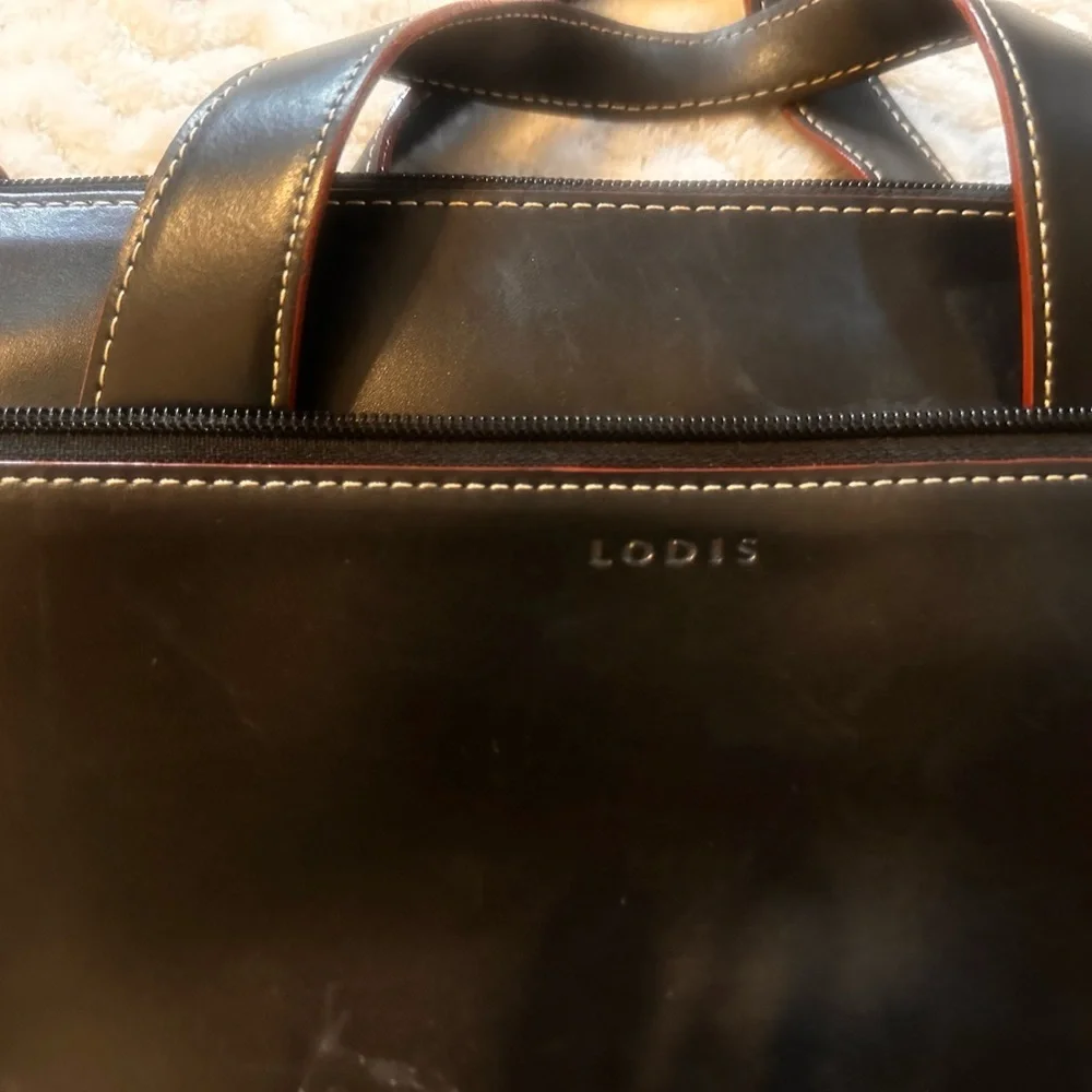 Lodis Black Leather Briefcase with Red Accents